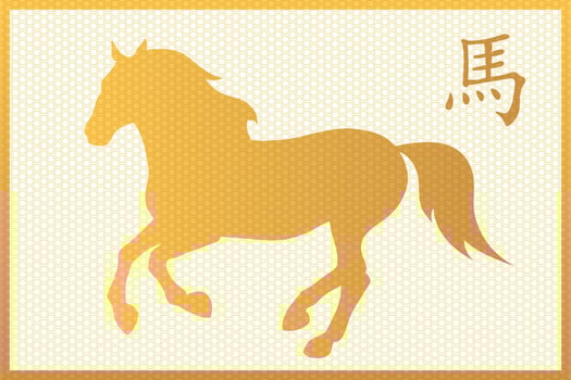 poster with the golden Chinese character symbolizing Horse and running horse silhouette. Chinese New Year 2026 symbol vector