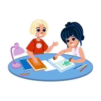Two smiling school kids studying together at home doing homework vector