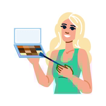 Smiling woman holding eyeshadow palette and makeup brush vector