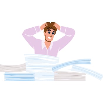 Stressed office worker holding head under pile of paperwork vector