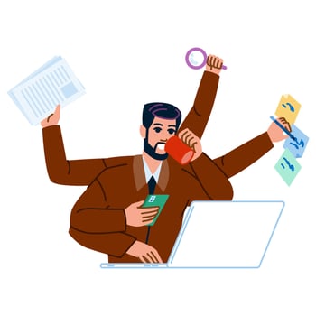 Busy multitasking businessman working on laptop and drinking coffee vector