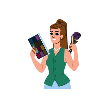 Makeup artist holding palette and brushes, getting ready for work vector