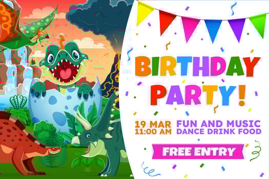 Colorful birthday party invitation with dinosaurs vector