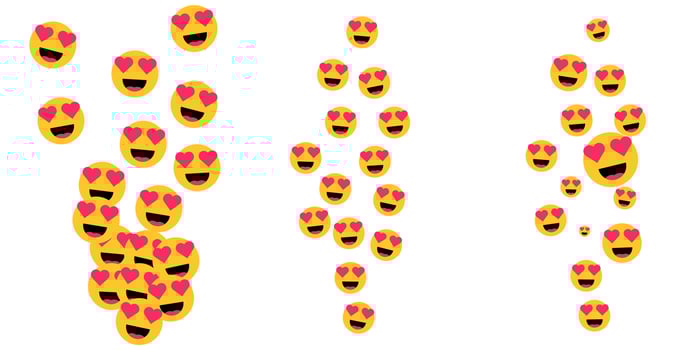 Flying love hearts pattern with social media reaction icons like emoji red bubble doodle confetti falling stream internet feedback celebration colorful background comment design set vector