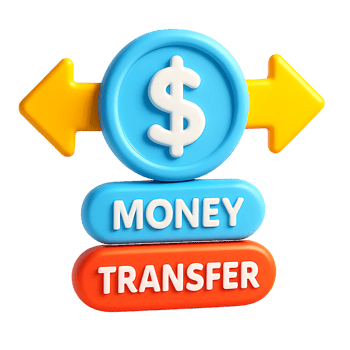 A 3d illustration showing a dollar coin with arrows and text labels money transfer, symbolizing financial transactions, isolated on transparent background png